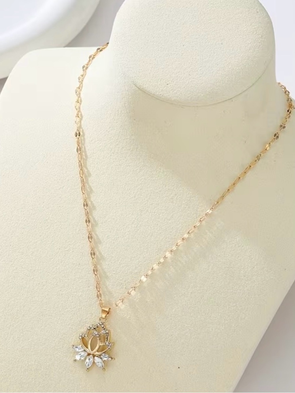 Gold Lotus Pendant Necklace with Crystal Accents